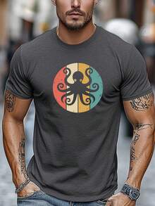 Camiseta de hombre de talla, cómoda y versátil, sencilla y elegante, camiseta de manga corta con cuello redondo y estampado de pulpo para verano. - Blanco - Ver 7