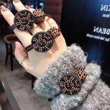 3pcs Girls' Simple Leopard Print Square & Round Buckle Rhinestone Knot Hair Ties, Exquisite Ponytail Hair Bands - Black - View 2
