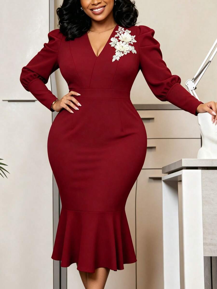 Plus Size Women Applique Floral Puff Long Sleeve Bodycon Mermaid Midi Curve Formal Dress - Burgundy - View 1