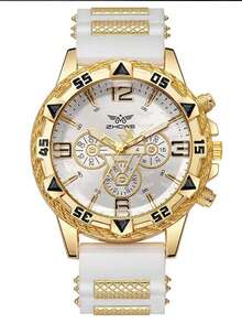 2pcs Men's Large Gold Watch Set, Featuring Bold Gold Case Paired With White Silicone Strap, Large Dial Design With Triangle Markings And Number Indicators On Bezel, Exuding Rugged Luxury - Multicolor - View 4