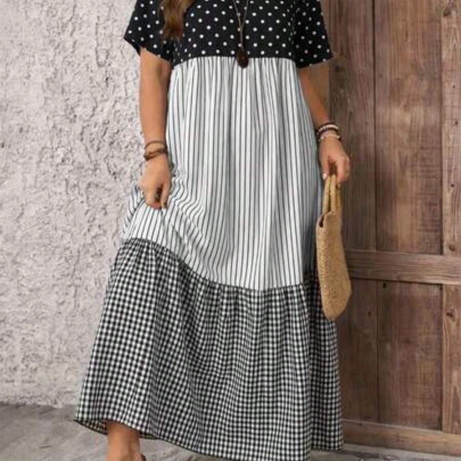 ghadjgyjad Rosumi Vestido de verano informal de talla grande con bloques de color, rayas, lunares y estampado a cuadros - Blanco y Negro - Ver 1