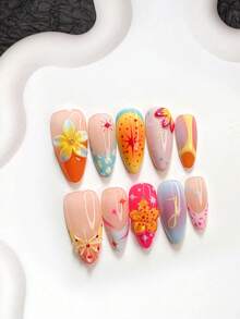 10 Stück frischer Sommerstil handgefertigte Press-On-Nägel, Polygel-Nagelset, handgeformte Blumen, Polka Dots, Linien, Orange, Blau, Gelb, Rot Nagellack, weich, künstlerischer Stil, inklusive Nagelwerkzeug, 3 Größen erhältlich, Mandel, Ente, Sargnägel für Party, Tanz, tägliche Nutzung. - Verschiedenfarbig - Übersicht 3