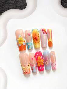 10 Stück frischer Sommerstil handgefertigte Press-On-Nägel, Polygel-Nagelset, handgeformte Blumen, Polka Dots, Linien, Orange, Blau, Gelb, Rot Nagellack, weich, künstlerischer Stil, inklusive Nagelwerkzeug, 3 Größen erhältlich, Mandel, Ente, Sargnägel für Party, Tanz, tägliche Nutzung. - Verschiedenfarbig - Übersicht 14