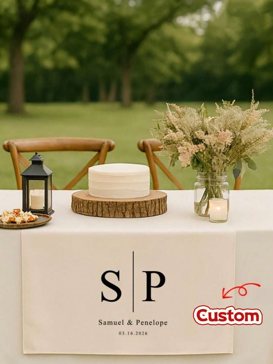 Customized Wedding Table Runner, Suitable For Sweetheart Table Decoration, Customizable Name, Perfect For Newlywed Table Decor And Coordinated Venue Arrangement, Creating Sweet Romantic Event Details And Customized Wedding Display - White - View 1