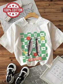 Vintage-Style Short-Sleeved T-Shirt With A Round Neck And Sardine-In-Tomato Sauce Print, Summer Top. - White - View 1