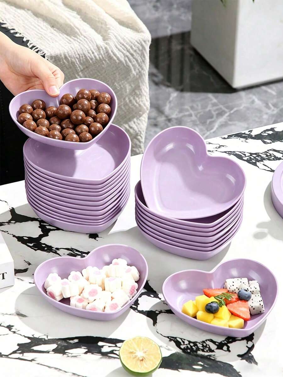 1pc/5pcs/10pcs Purple Heart-Shaped Plastic Plates, Multi-Purpose Nut, Snack, Fruit, Dessert, Cake, Chip Tray, Kitchen Supplies, Suitable For Home, Party, Wedding, Birthday, Holiday - View 1