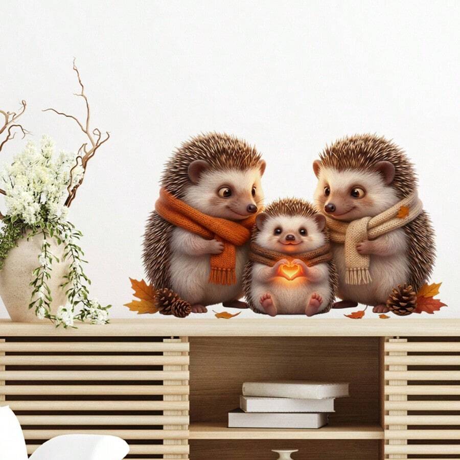 1pc Autumn Hedgehog Animals Window Sticker, Cute Animals Family Wall Sticker, Self-Adhesive Wall Sticker, Single Use For Living Room, Bedroom, Office, Autumn Harvest Decoration,Suitable As A Gift For A Friend.Thanksgiving Home Deco
