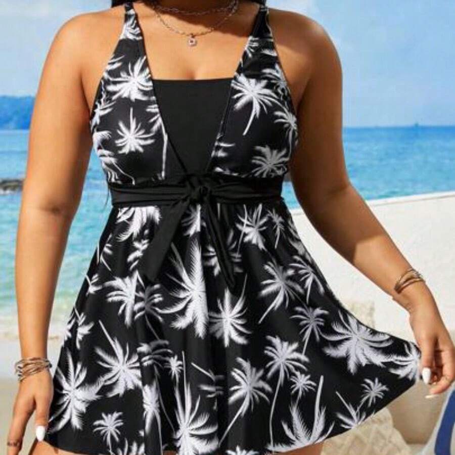 dahkjdgajy Swim Lushoire Set de 2 piezas Traje de baño tankini con estampado digital para mujer de talla grande, verano - Blanco y Negro - Ver 1