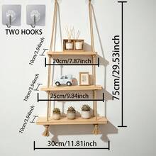 INS Style, Multi-Functional Solid Wood Storage Rack, With 2 Hooks For Displaying Figurines, Balcony/Living Room/Bedroom Plant Holder, An Organizer For Cosmetics And Decorative Items, Utility Racks. Wall-Mounted Multi-Tiered Storage Rack. - View 3