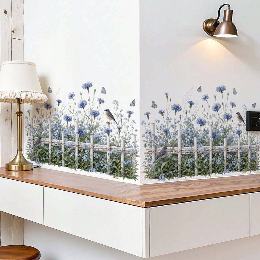 2pcs Blue Plant Flower Fence & Baseboard Pastoral Plant Stickers, Spring Home Decor, Mixed Colors, Self-Adhesive PVC Wall Decals - 68022-sulan Xiaoyu - View 1