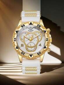 2pcs Men's Large Gold Watch Set, Featuring Bold Gold Case Paired With White Silicone Strap, Large Dial Design With Triangle Markings And Number Indicators On Bezel, Exuding Rugged Luxury - Multicolor - View 8