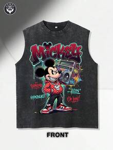 Disney Men's Summer Streetwear Sleeveless Vest - Featuring A Vintage Washed-Black Finish, This Vest Showcases A Graffiti-Style Print Of Mickey Mouse Dressed In Street Gear-Sporting A Red Cap, A Green Jacket, And Red Sneakers-Accented By Vibrant, Colorful Graffiti Graphics. This Retro-Washed, Casual Muscle Tank Is The Ideal Choice For Streetwear Ensembles, Summer Outfits, And Everyday Wear-Perfect For Disney Fans And Streetwear Enthusiasts Alike. - Black - View 2