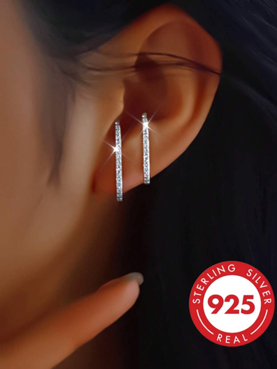 GLIMMER GI 1 Đôi bông tai bạc S925, bông tai hình chữ E ít gây dị ứng đính đá Cubic Zirconia tổng hợp, thiết kế mới thanh lịch đa năng, phù hợp đeo hàng ngày, đi du lịch, quà tặng Valentine, sinh nhật cho nữ
