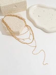 4pcs Fashionable Versatile Faux Pearl Tassel Choker Necklace, Multi-Layer Y-Shaped Necklace Set For Women - Gold - View 3