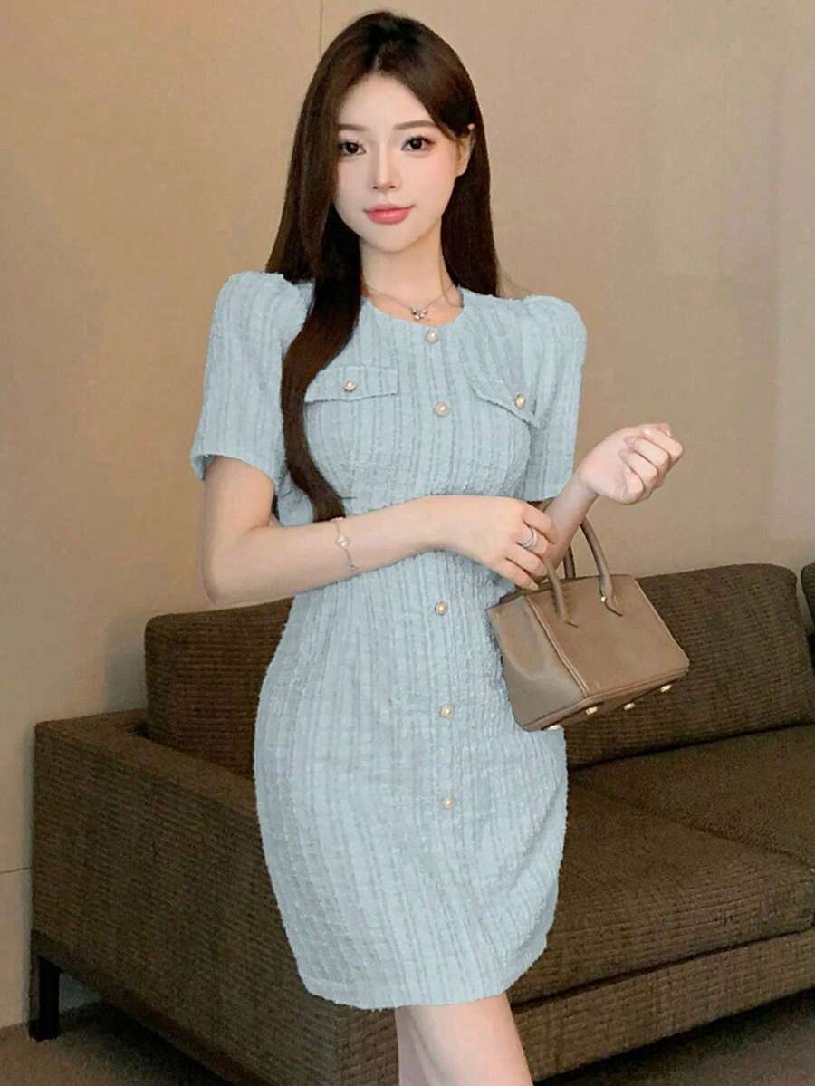 xheDAZY Vestido ajustado de mujer con botones delanteros de unicolor elegante, vestido de cóctel de veranoxhe - Azul - Ver 1