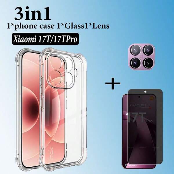 3IN1 NEW For X Iao Mi 17T/17TPro Case Transparent And Impact-Resistant Mobile Phone CaseTPU-Silicone Soft Case-Shockproof-Fashion- Anti-Yellowing Phone Case+9H Hardness-Privacy Tempered Glass Screen Protector For X Iao Mi 17T/17TPro Anti Scratch-Crack Resistant-Bubble Free For Gaming +Lens Film 3 Packs Value Set -Easy Install Kit