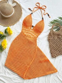 2026 Nuevo Vestido maxi de punto con espalda descubierta y cuello halter, vestido maxi de ganchillo para vacaciones y verano, vestido maxi de playa, vestido de ganchillo para vacaciones - Naranja 2 - Ver 1