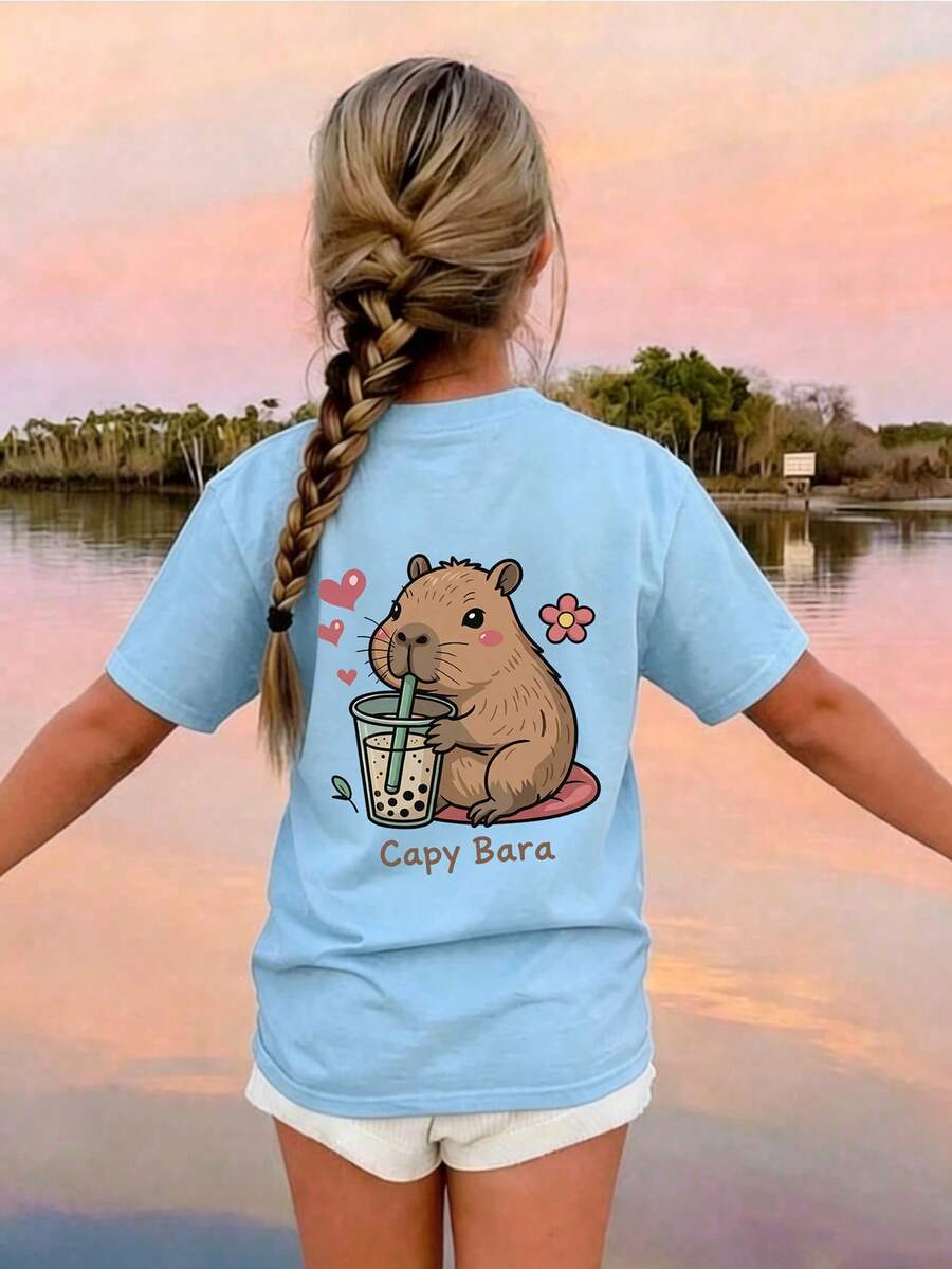 Tween Girl Cute Capybara Print T-Shirt, Soft And Comfortable Fabric, Suitable For Girls Outdoor Sports, Daily Wear, Street Style, Campus Style, Fashionable Girls Spring/Summer Casual Versatile Top - Baby Blue - View 1