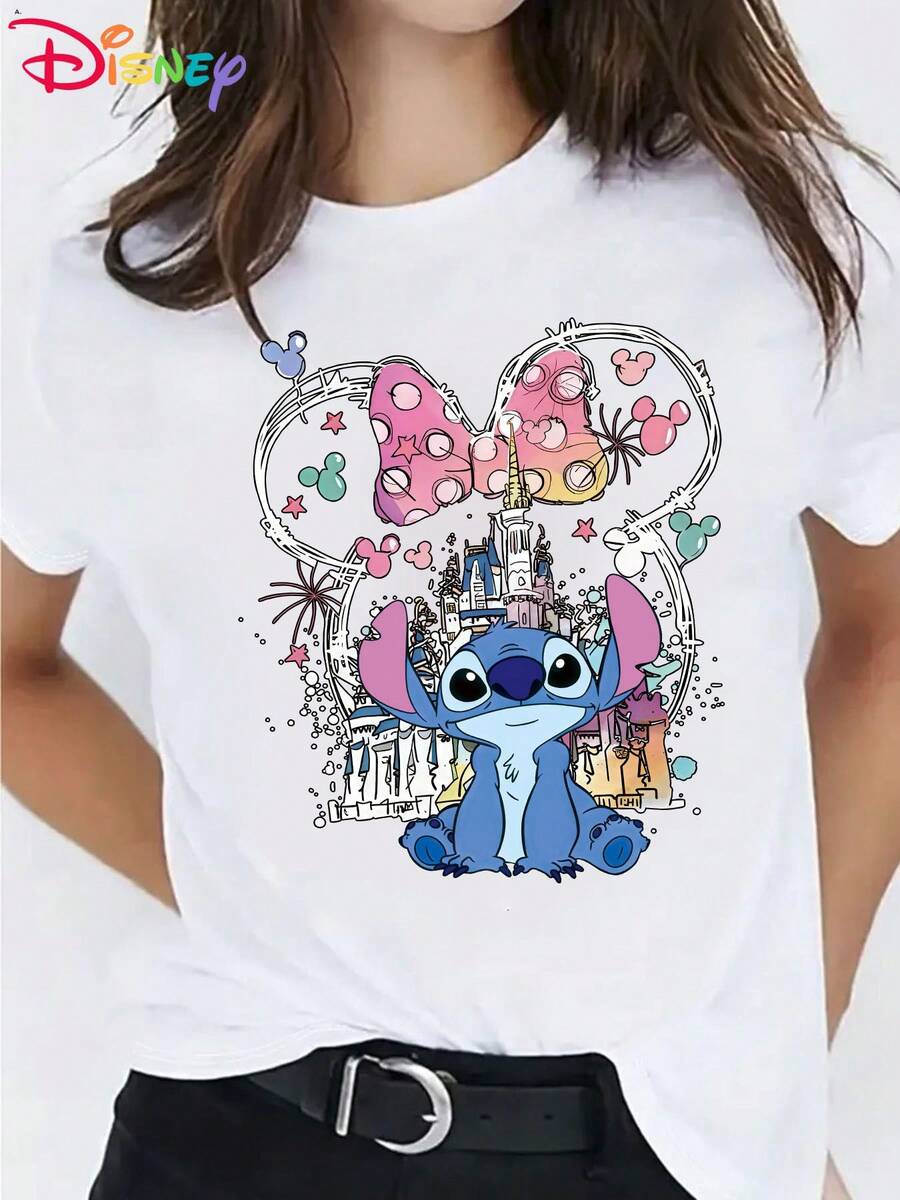 Disney-Licensed! Popular Disney Mickey Mouse Stitch Printed Women's T-Shirt, Casual And Stylish Round-Neck Short-Sleeve Summer Top, Anime Cartoon Sweatshirt, Perfect For Daily Outdoor Leisure Use. - trắng - Xem 1