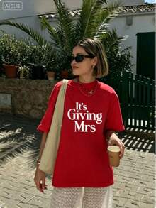 Bachelorette T Shirts Women,Its Giving Mrs Bride To Be Engagement Top,Summer Print Round Neck Short Sleeve,Graphic Tees,Cute,Party Outfit - 紅色 - 查看 5