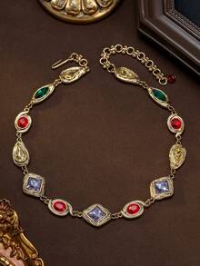 1pc Vintage Heavy Craft European & American Retro Style Colorful Jewelry With Different Inlay Designs, Novel Niche Personalized Luxurious Vibrant Fashionable High-End Jewelry Necklace, Light Luxury Retro Accessory, Unique Eye-Catching Code For Retro Style, Suitable For Daily, Party, Banquet And Holiday Celebrations - Multicolor - View 2