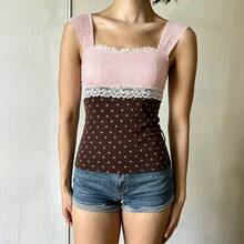2026 Summer New Pink Brown Color Blocked Square Collar Lace Splicing Polka Dot Slimming And Slimming, Sweet And Spicy Pure Desire Wind Sleeveless Tank Top Versatile For Daily Commuting, Campus Dating, Street Going Top - 棕色 - 查看 2