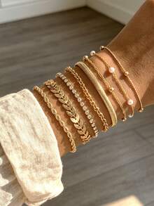 12pcs Multi-Layered Fashion Minimalist Elegant Exquisite Vintage Design Geometric Ribbon Faux Pearl Rhinestone Bling Bling Shiny Round Bead Airplane Chain Infinity Chain Twisted Chain Chain Bracelet Set, Metal Style, Suitable For Holiday, Vacation, Party, Date, Gift, Daily Commute Wear - Yellow Gold - View 3