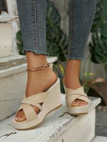 Spring/Summer New Buckle Sandals For Women, High Heel Wedge Platform Sandals, Beach Style Outdoor Slides, Women's Sandals With Bark Texture Sole - Beige - View 7