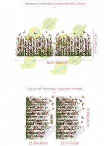 2片裝花卉圍欄壁畫裝飾貼紙，商店櫥窗美化貼花，浴室貼紙，春季家居裝飾，混色，自黏式牆貼 - 68020-粉霧花柵 - 查看 3