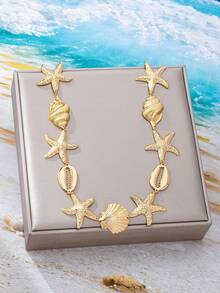 1 pieza Colgante de collar con estrella de mar y concha de estilo oceánico de metal, adecuado para atuendos diarios y de vacaciones de verano de mujeres - Amarillo Oro - Ver 2