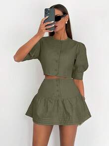 Elegant Solid Color Top And Skirt Set For Women - 軍綠色 - 查看 1