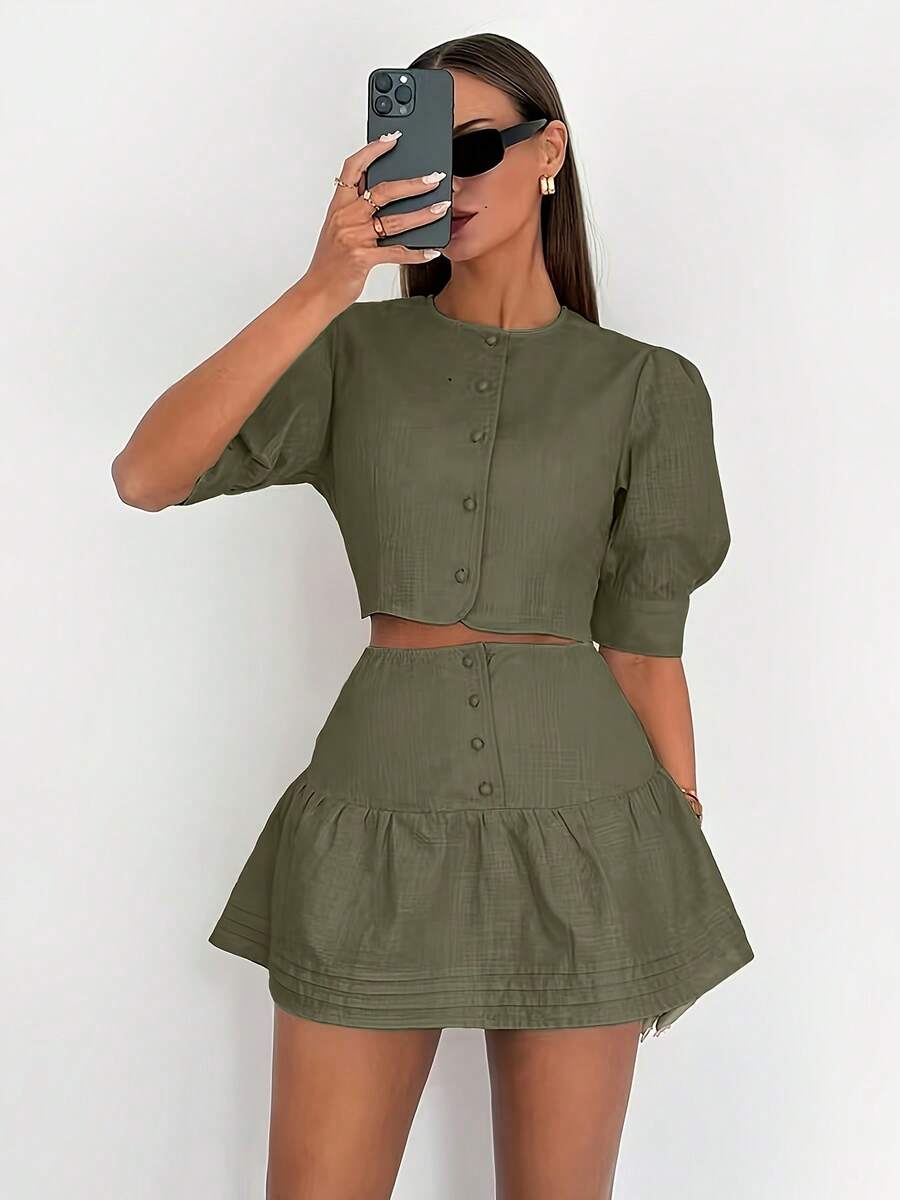 Elegant Solid Color Top And Skirt Set For Women - 軍綠色 - 查看 1
