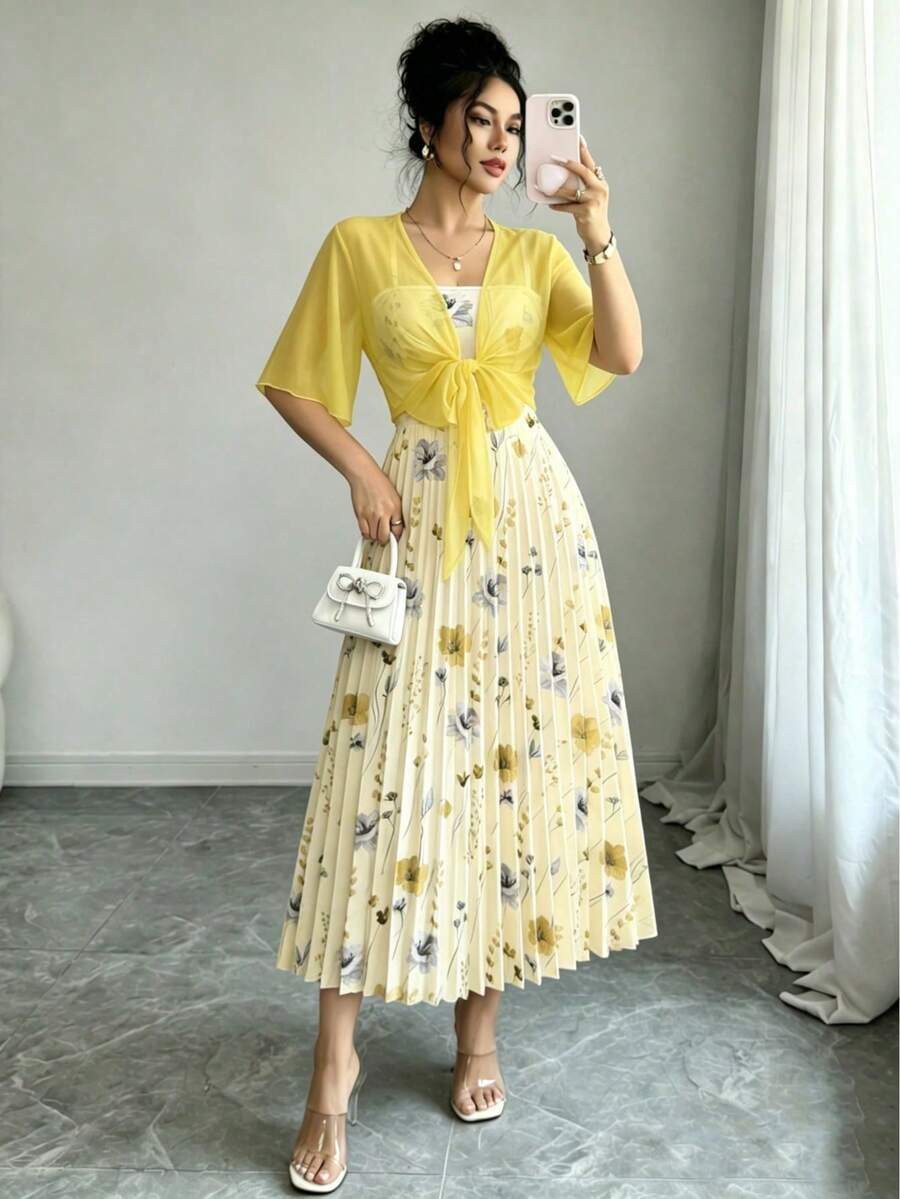 Conjunto de 2 piezas de vestido de gasa con estampado floral diminuto y chaqueta, elegante atuendo de moda para citas, vacaciones y uso casual en primavera - Amarillo - Ver 1