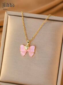 Hihho [1pc]Gentle Style Iridescent Mother Of Pearl Bow Necklace, Multiple Colors Available, Elegant Design, Versatile For Any Occasion, Suitable For Daily Commute, Weekend Dates, Travel Photos, Pairs Well With T-Shirts, Camisoles, And Dresses - Bow - View 4