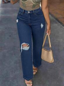 Women's Casual Loose-Fit Solid-Color Mid-Rise Straight-Leg Jeans - Featuring Distressed Rips And Tears; Suitable For All Seasons. - 深色水洗藍 - 查看 3