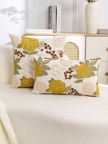 1pc Modern Minimalist Yellow Floral Embroidery Throw Pillow Cover, Spring/Summer Flower Embroidered Decorative Pillowcase, Suitable For Indoor Decor, All-Season Pillow Cover, Insert Not Included - Yellow - View 2