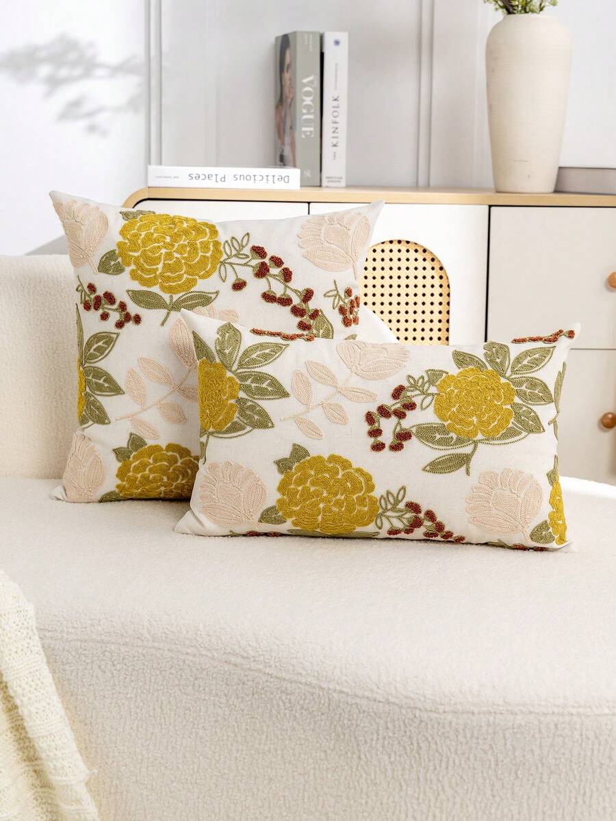 1pc Modern Minimalist Yellow Floral Embroidery Throw Pillow Cover, Spring/Summer Flower Embroidered Decorative Pillowcase, Suitable For Indoor Decor, All-Season Pillow Cover, Insert Not Included