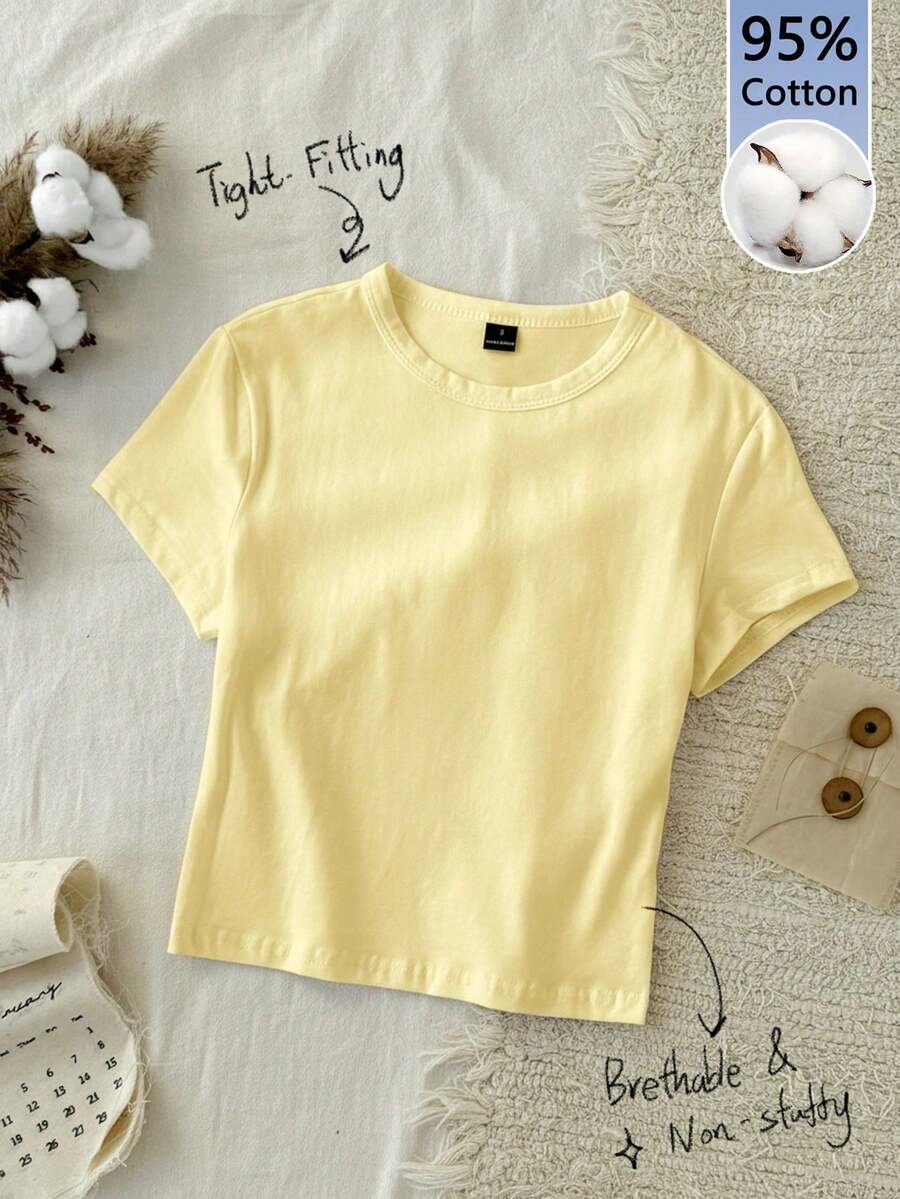 Women's Basic Casual Slim Fit Short Sleeve T-Shirt, 95% Cotton, Women's Summer Clothes, Women's Basic Set, Y2k, Fashion, Elegant. - 淡黃色 - 查看 1