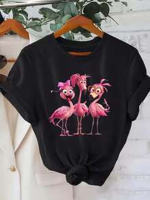 [Women's Flamingo T-Shirt] Women's Casual Graphic Print T-Shirt - Soft Polyester Blend, Flamingo Trio Design, Short Sleeve, Black With Pink Flamingos, Perfect For Spring And Summer. Recommended By Many People. Fashionable And Best-Selling Items. Wardrobe Essentials. EUMM - 黑色 - 查看 1