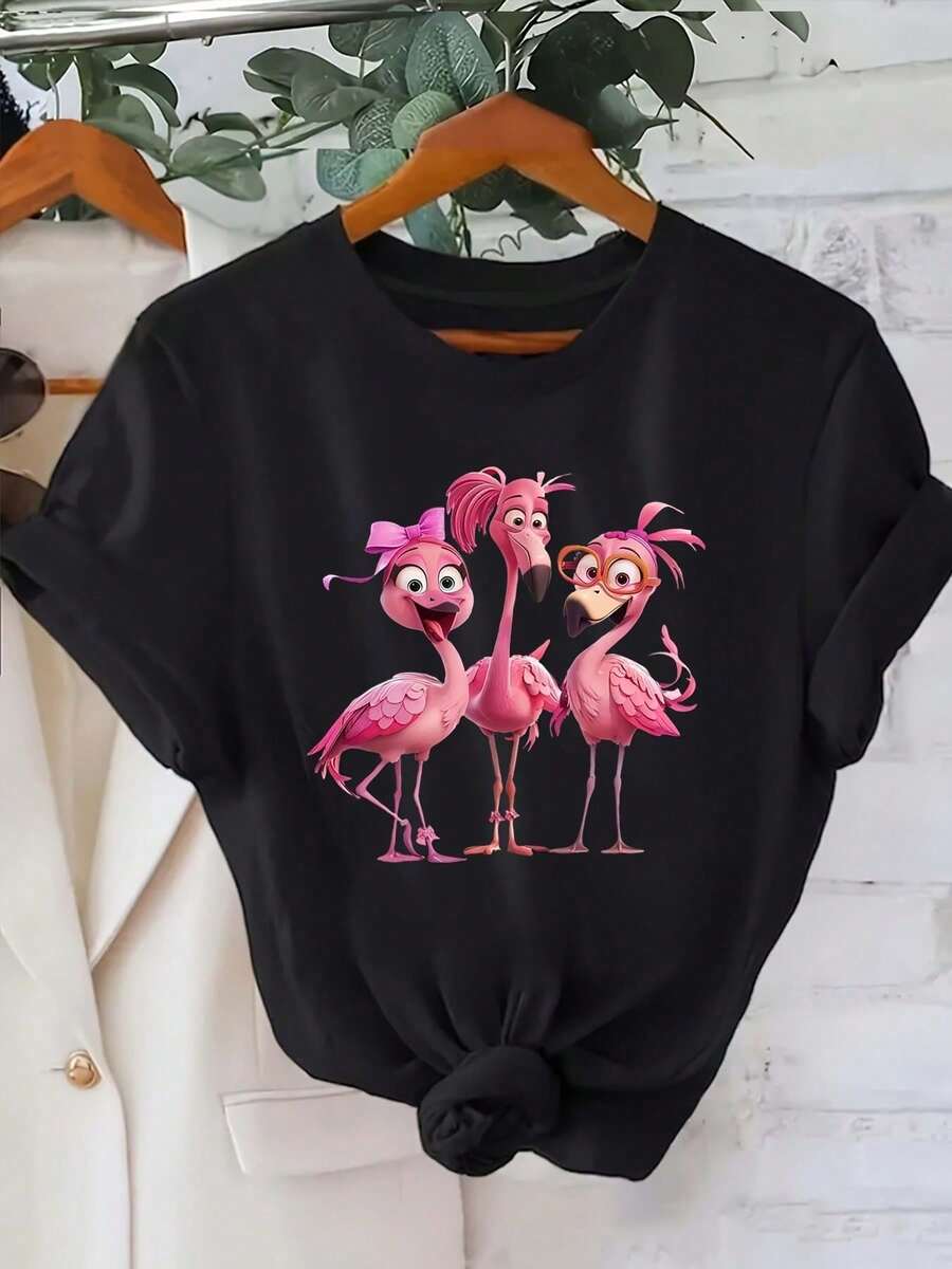 [Women's Flamingo T-Shirt] Women's Casual Graphic Print T-Shirt - Soft Polyester Blend, Flamingo Trio Design, Short Sleeve, Black With Pink Flamingos, Perfect For Spring And Summer. Recommended By Many People. Fashionable And Best-Selling Items. Wardrobe Essentials. EUMM - 黑色 - 查看 1