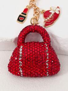 1pc Red Rhinestone Handbag Keychain,With Lipstick, High Heels, Hat 3D Alloy Charms Decoration,High Quality Heart Buckle Shiny Keyring For Women, Rhinestone Accessories For Purse, Cute Girly Stuff, Car Keys, Wallet, And Handbag - Handbag - View 6