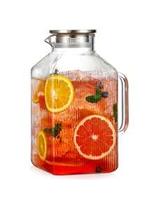 Jarra de vidrio cuadrada engrosada de 1 galón con tapa jarras de agua clásicas a rayas para nevera jarra de vidrio de borosilicato para bebidas frías y calientes jarra extragrande con asa para té - Plateado - Ver 11