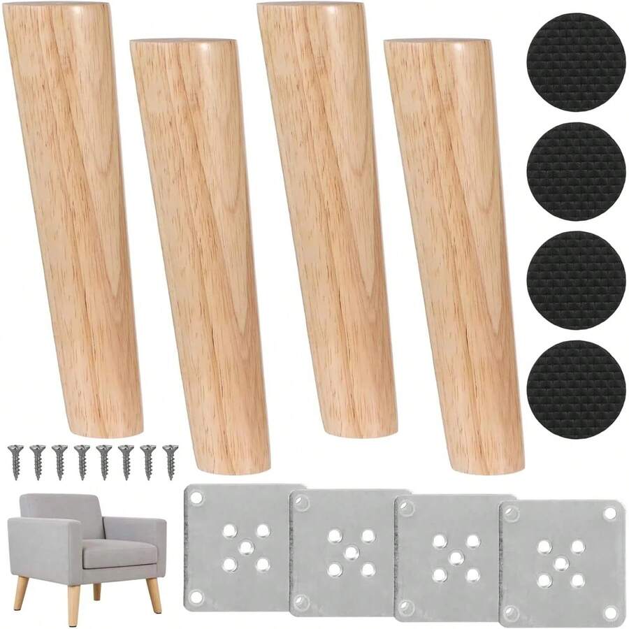 4pcs Solid Wood Furniture Legs With Anti-Slip Pads, Ideal Replacement Parts For Cabinets, Beds, Nightstands And Other Furniture