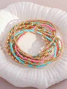 8pcs Handmade Mixed Color Small Beads With Gold CCB Beads Multi-Layer Stacking Elastic Bracelet Set, Women's Vacation Party Jewelry Accessory - Multicolor - View 5