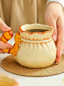 1pc Ins Style Embossed Cat Water Cup, Aesthetic Handmade Ceramic Mug, Suitable For Daily Use - Orange - View 8