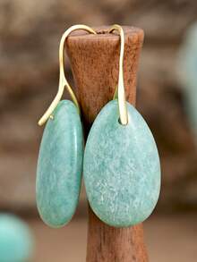 Amazonite Teardrop Pendant Earrings, Bohemian Style Natural Stone Earrings, 18K Gold Plated Jewelry, Spring/Summer Beach Vacation Fashion Accessory, Teacher's Day, Mother's Day, Graduation Season Gift, Healing Crystal - Multicolor - View 3