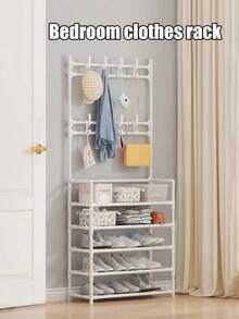 Multifunctional Home Storage Rack, Easy To Assemble Shoe And Hat Organizer, Floor Standing, Hallway Coat Rack, Hallway Shoe Rack, Coat Rack With 4 Shelves And 8 Double Hooks, Suitable For Living Room - White - View 6