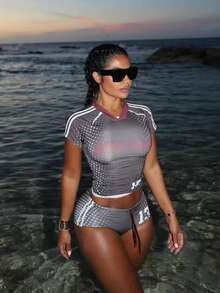Summer Sports  Women's Short Two-Piece, Printed Separated Swimsuit For Women, Vacation Style Short-Sleeved Shorts Two-Piece Sexy Beach Swimsuit - 灰色 - 查看 1