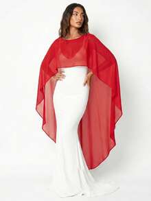 Women's Spring Summer Sheer Cape  Mesh Asymmetrical Front And Back Solid Color Poncho Tops - Red - View 5