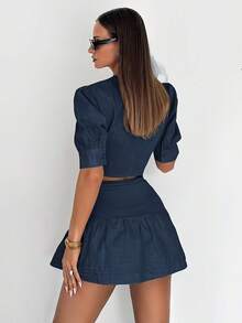 Elegant Solid Color Top And Skirt Set For Women - 藍色 - 查看 3
